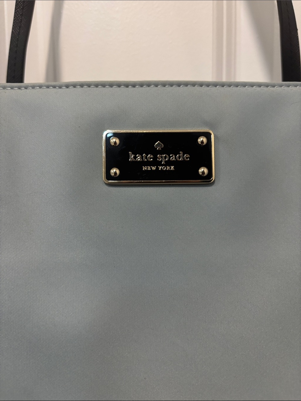 Kate Spade New York Light Blue Nylon Tote Bag Black Trim Large Zip Top Shopper - Picture 2 of 9